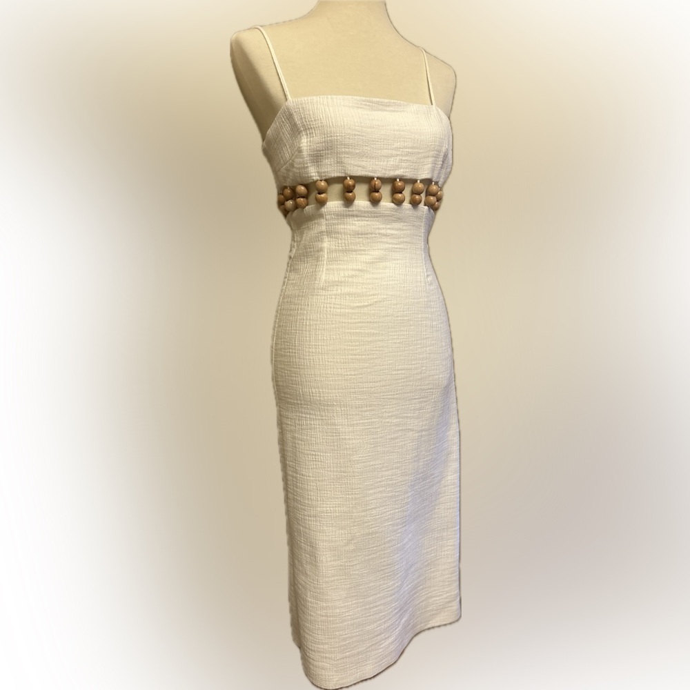 ANTONIO MELANI Crinkle Gauze Cut Out Beaded Square Neck
Sleeveless Sheat…